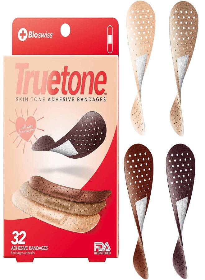 بيو سويس ضمادات BioSwiss Truetone بلون البشرة، شرائط إسعافات أولية للبالغين، درجات البني والزيتوني والبيج، قماش خالٍ من اللاتكس، عبوة من 32 ضمادة - Image 1